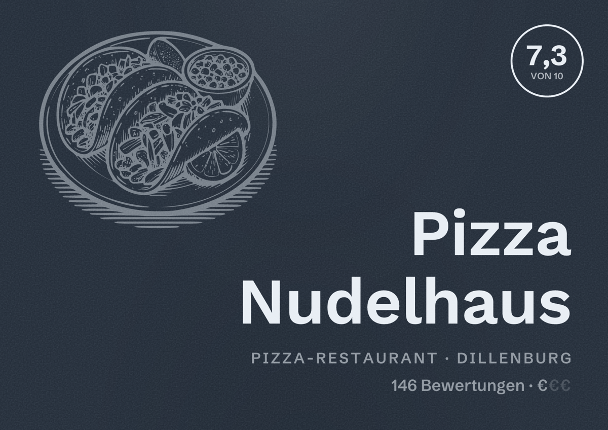 Illustriertes Poster von Pizza Nudelhaus, Pizza-Restaurant in Dillenburg: Bewertung 7,3 von 10 aus 146 Bewertungen, Preisniveau €