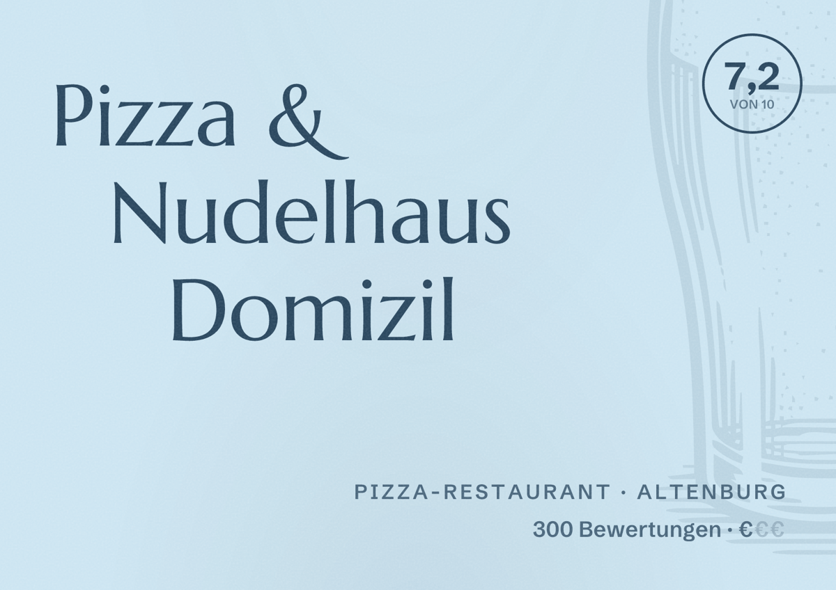 Illustriertes Poster von Pizza & Nudelhaus Domizil, Pizza-Restaurant in Altenburg: Bewertung 7,2 von 10 aus 300 Bewertungen, Preisniveau €