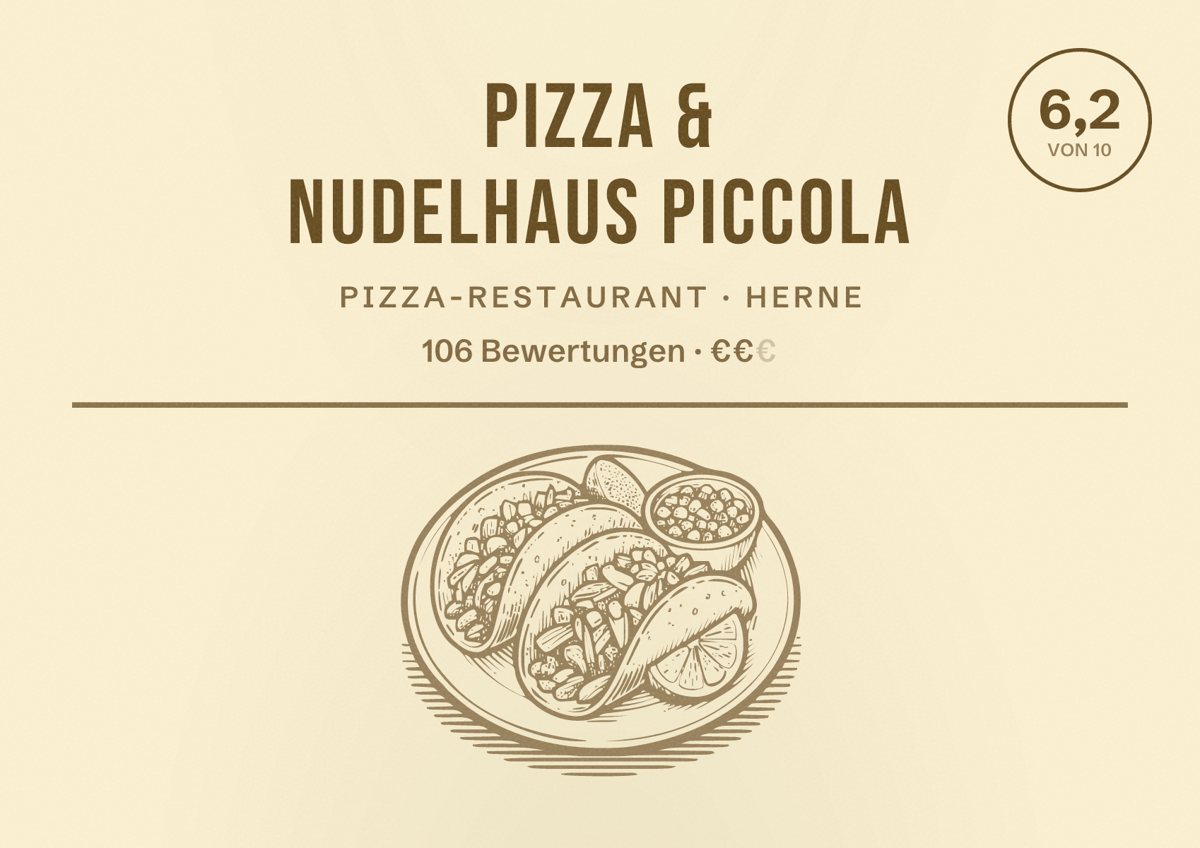 Illustriertes Poster von Pizza & Nudelhaus Piccola, Pizza-Restaurant in Herne: Bewertung 6,2 von 10 aus 106 Bewertungen, Preisniveau €€