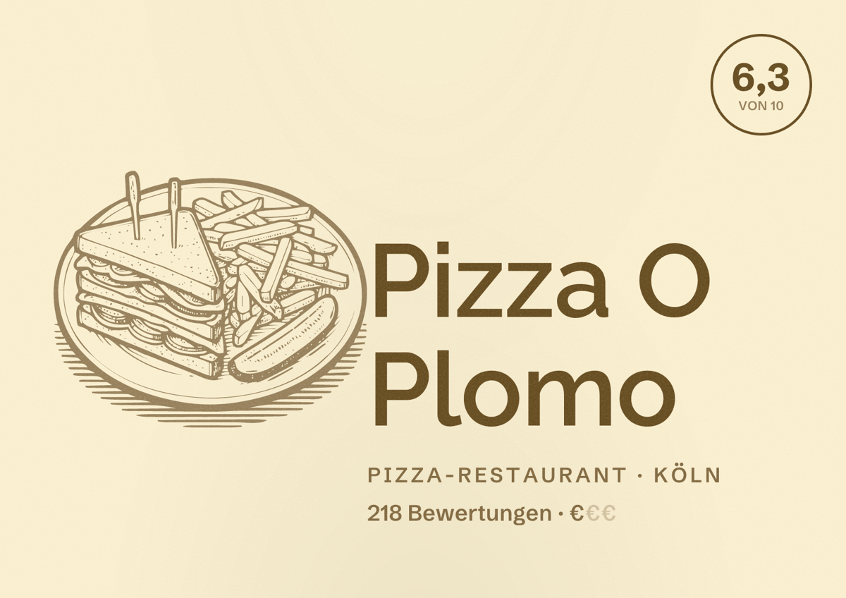 Illustriertes Poster von Pizza O Plomo, Pizza-Restaurant in Köln: Bewertung 6,3 von 10 aus 218 Bewertungen, Preisniveau €
