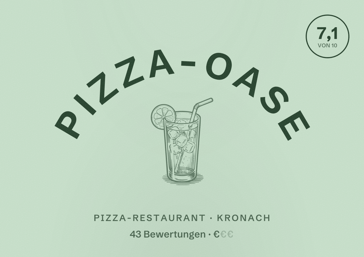 Illustriertes Poster von Pizza-oase, Pizza-Restaurant in Kronach: Bewertung 7,1 von 10 aus 43 Bewertungen, Preisniveau €