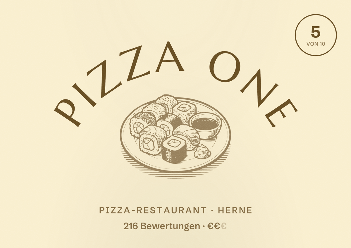 Illustriertes Poster von Pizza One, Pizza-Restaurant in Herne: Bewertung 5 von 10 aus 216 Bewertungen, Preisniveau €€