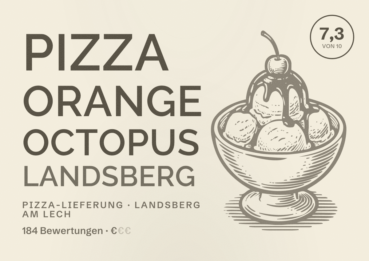 Illustriertes Poster von Pizza Orange Octopus Landsberg, Pizza-Lieferung in Landsberg am Lech: Bewertung 7,3 von 10 aus 184 Bewertungen, Preisniveau €