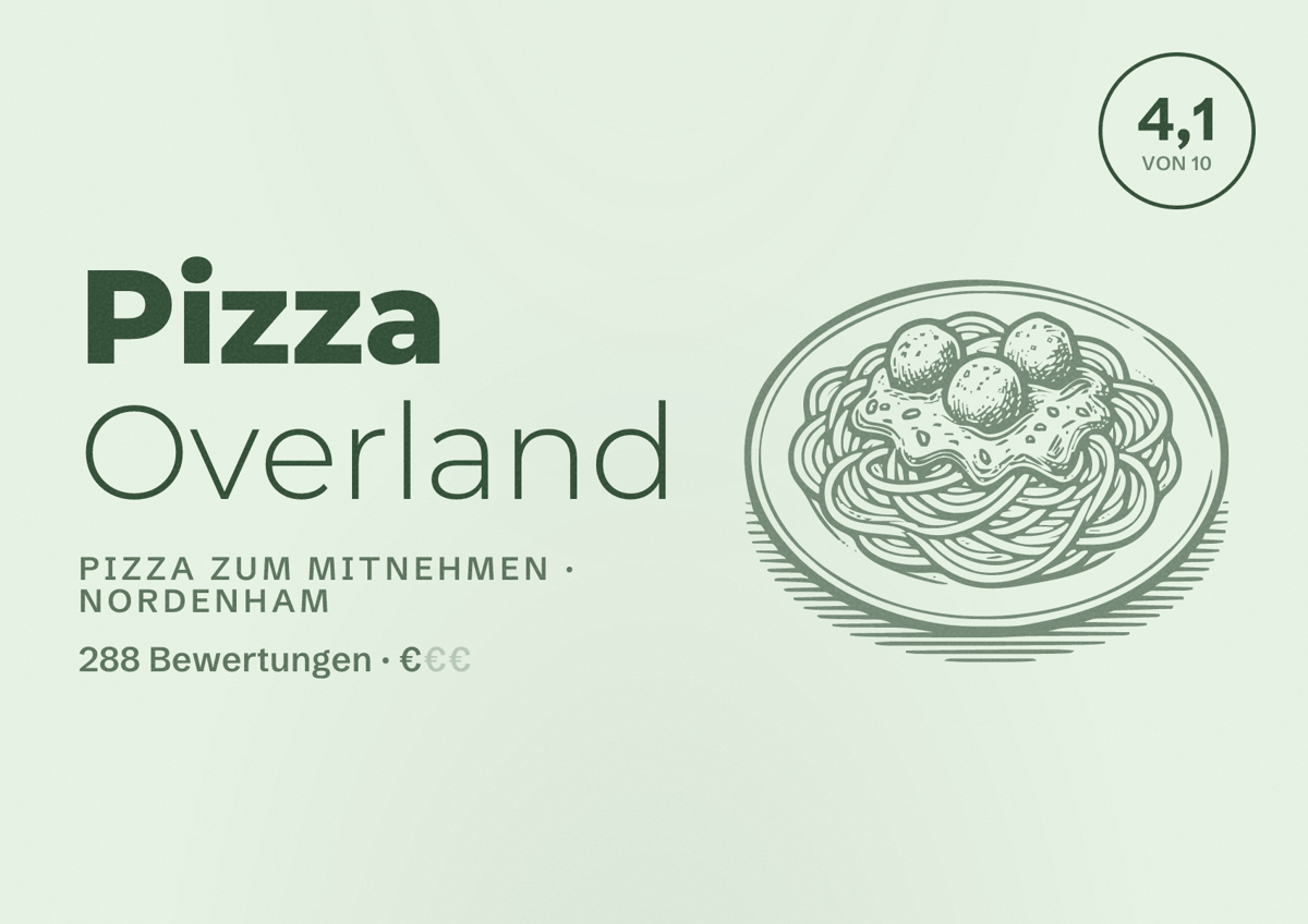 Illustriertes Poster von Pizza Overland, Pizza zum Mitnehmen in Nordenham: Bewertung 4,1 von 10 aus 288 Bewertungen, Preisniveau €