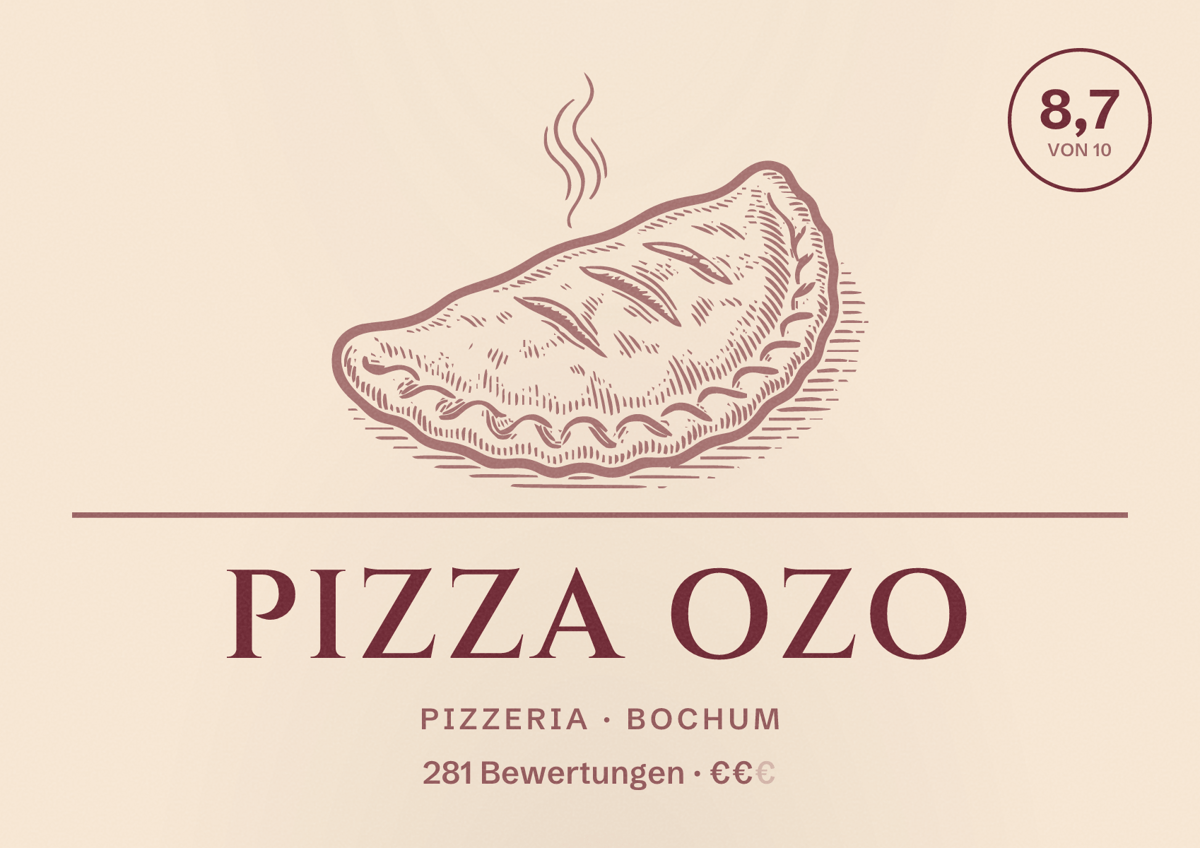 Illustriertes Poster von Pizza Ozo, Pizzeria in Bochum: Bewertung 8,7 von 10 aus 281 Bewertungen, Preisniveau €€