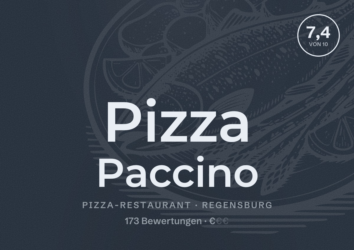 Illustriertes Poster von Pizza Paccino, Pizza-Restaurant in Regensburg: Bewertung 7,4 von 10 aus 173 Bewertungen, Preisniveau €
