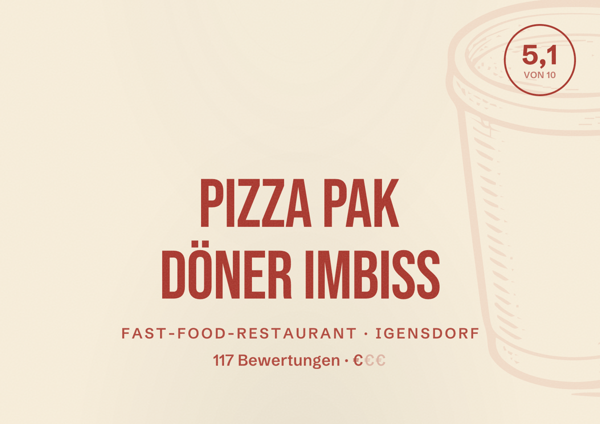 Illustriertes Poster von Pizza PAK Döner Imbiss, Fast-Food-Restaurant in Igensdorf: Bewertung 5,1 von 10 aus 117 Bewertungen, Preisniveau €