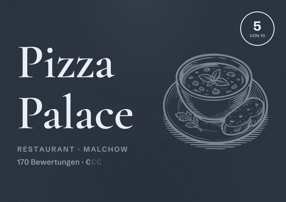 Illustriertes Poster von Pizza Palace, Restaurant in Malchow: Bewertung 5 von 10 aus 170 Bewertungen, Preisniveau €