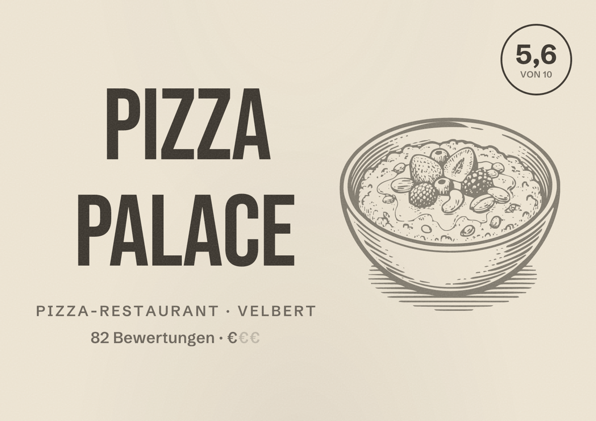 Illustriertes Poster von Pizza Palace, Pizza-Restaurant in Velbert: Bewertung 5,6 von 10 aus 82 Bewertungen, Preisniveau €