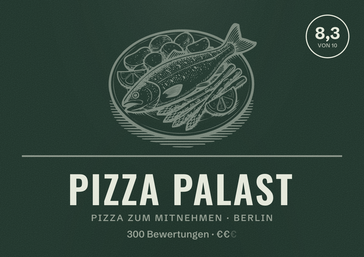 Illustriertes Poster von Pizza Palast, Pizza zum Mitnehmen in Berlin: Bewertung 8,3 von 10 aus 300 Bewertungen, Preisniveau €€