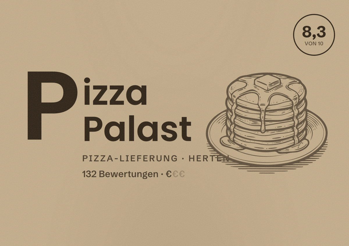 Illustriertes Poster von Pizza Palast, Pizza-Lieferung in Herten: Bewertung 8,3 von 10 aus 132 Bewertungen, Preisniveau €