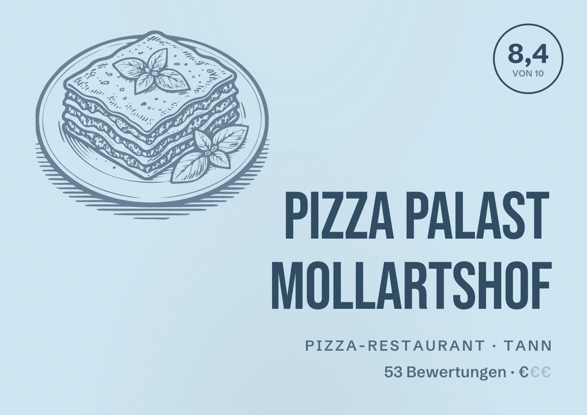 Illustriertes Poster von Pizza Palast Mollartshof, Pizza-Restaurant in Tann: Bewertung 8,4 von 10 aus 53 Bewertungen, Preisniveau €
