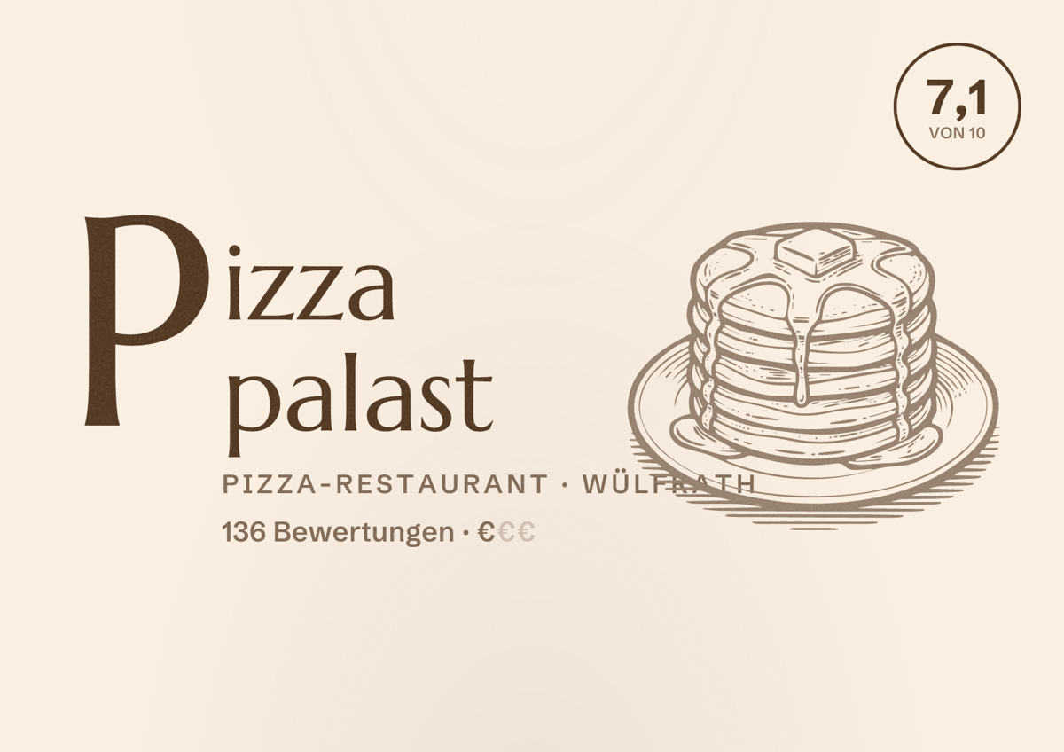 Illustriertes Poster von Pizza palast, Pizza-Restaurant in Wülfrath: Bewertung 7,1 von 10 aus 136 Bewertungen, Preisniveau €