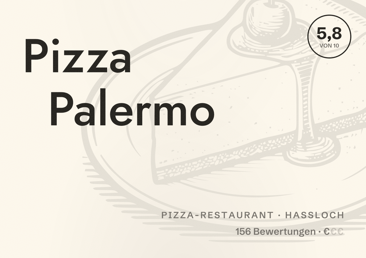 Illustriertes Poster von Pizza Palermo, Pizza-Restaurant in Haßloch: Bewertung 5,8 von 10 aus 156 Bewertungen, Preisniveau €