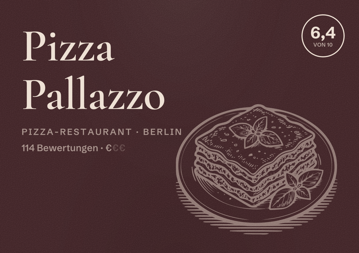 Illustriertes Poster von Pizza Pallazzo, Pizza-Restaurant in Berlin: Bewertung 6,4 von 10 aus 114 Bewertungen, Preisniveau €