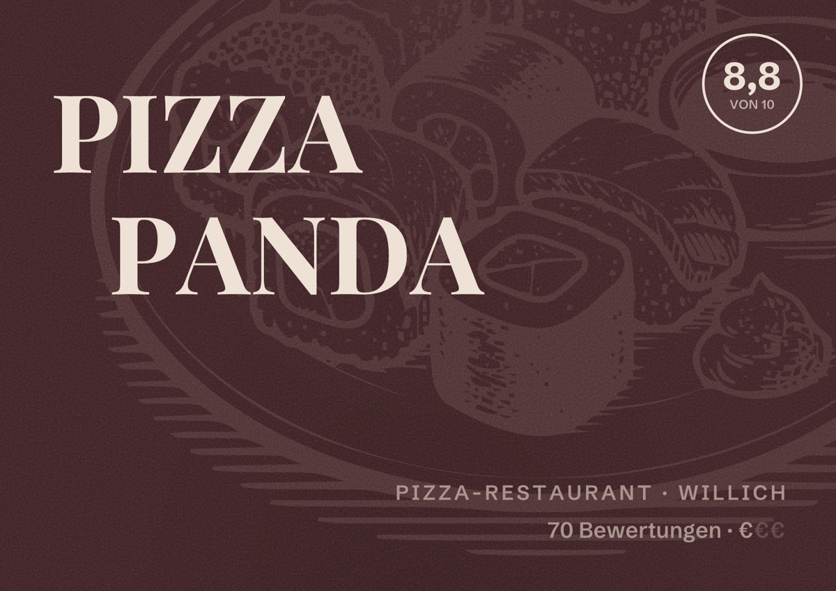 Illustriertes Poster von PIZZA PANDA, Pizza-Restaurant in Willich: Bewertung 8,8 von 10 aus 70 Bewertungen, Preisniveau €