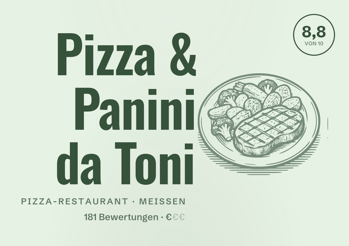 Illustriertes Poster von Pizza & Panini da Toni, Pizza-Restaurant in Meißen: Bewertung 8,8 von 10 aus 181 Bewertungen, Preisniveau €