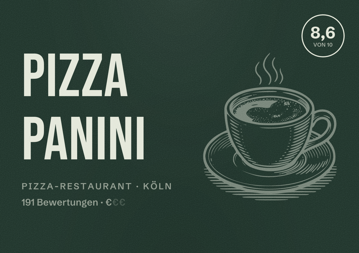 Illustriertes Poster von Pizza Panini, Pizza-Restaurant in Köln: Bewertung 8,6 von 10 aus 191 Bewertungen, Preisniveau €