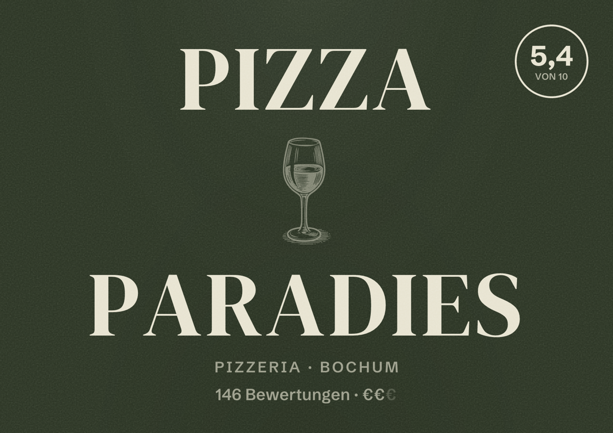 Illustriertes Poster von Pizza Paradies, Pizzeria in Bochum: Bewertung 5,4 von 10 aus 146 Bewertungen, Preisniveau €€