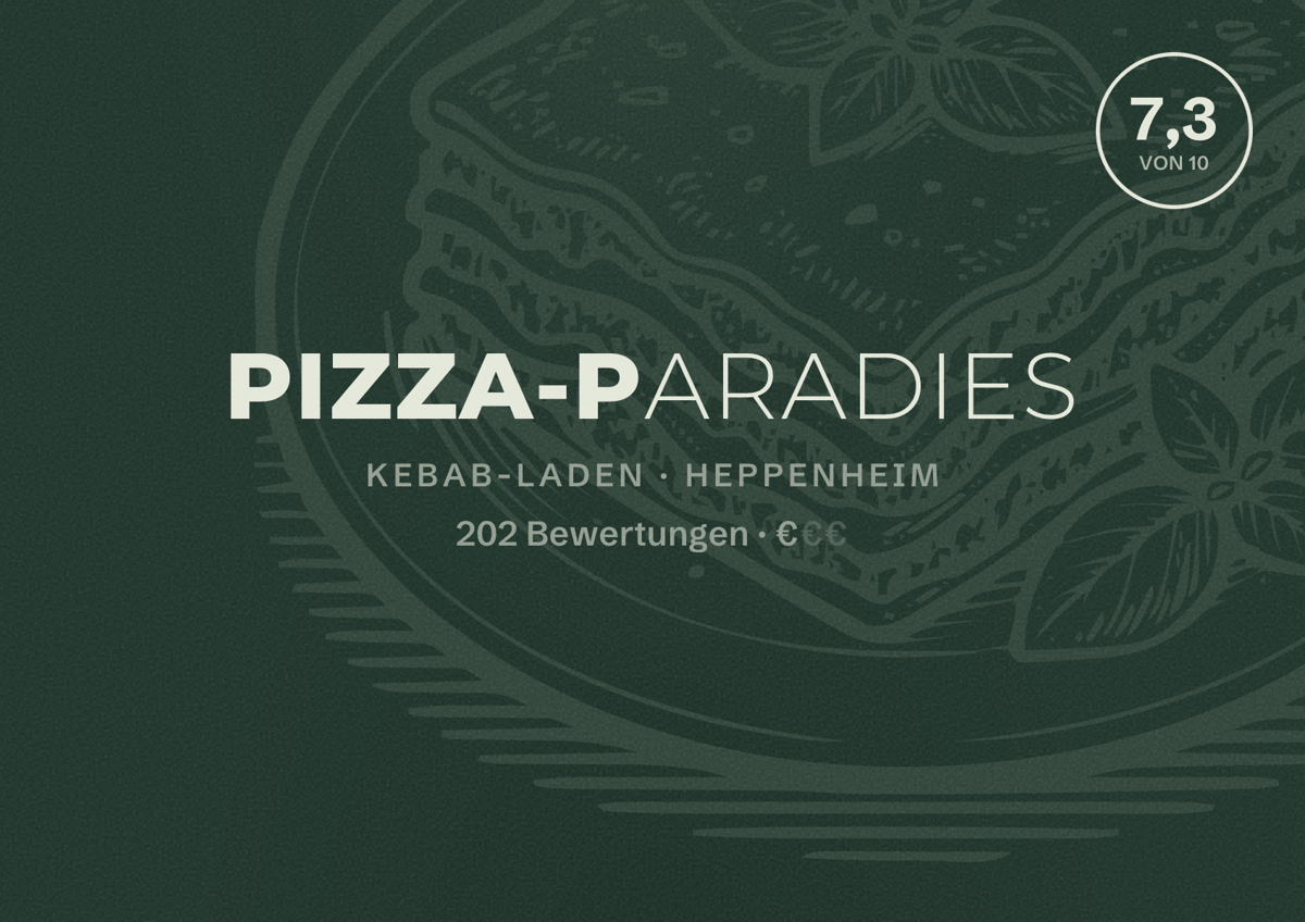 Illustriertes Poster von Pizza-Paradies, Kebab-Laden in Heppenheim: Bewertung 7,3 von 10 aus 202 Bewertungen, Preisniveau €