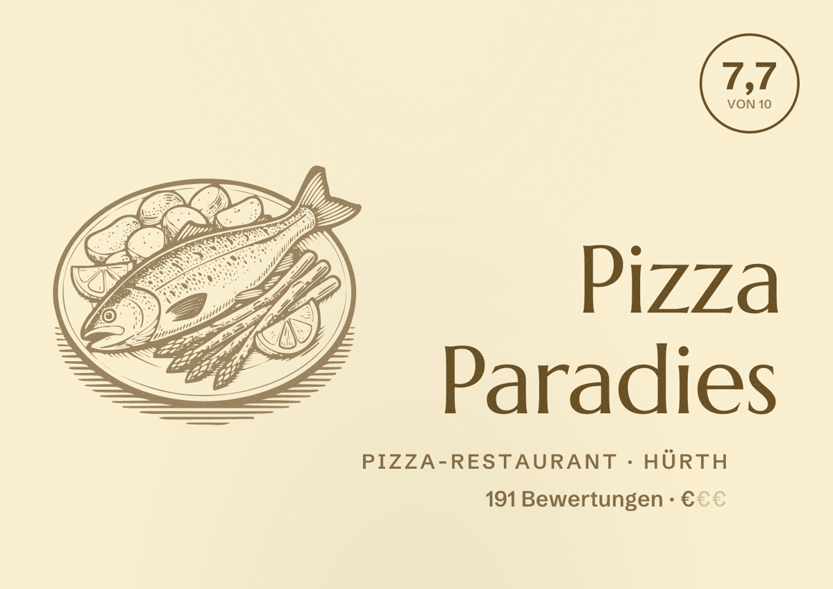 Illustriertes Poster von Pizza Paradies, Pizza-Restaurant in Hürth: Bewertung 7,7 von 10 aus 191 Bewertungen, Preisniveau €