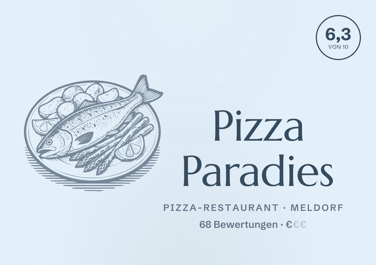 Illustriertes Poster von Pizza Paradies, Pizza-Restaurant in Meldorf: Bewertung 6,3 von 10 aus 68 Bewertungen, Preisniveau €