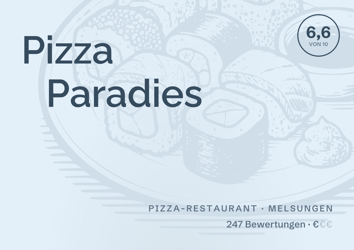 Illustriertes Poster von Pizza Paradies, Pizza-Restaurant in Melsungen: Bewertung 6,6 von 10 aus 247 Bewertungen, Preisniveau €