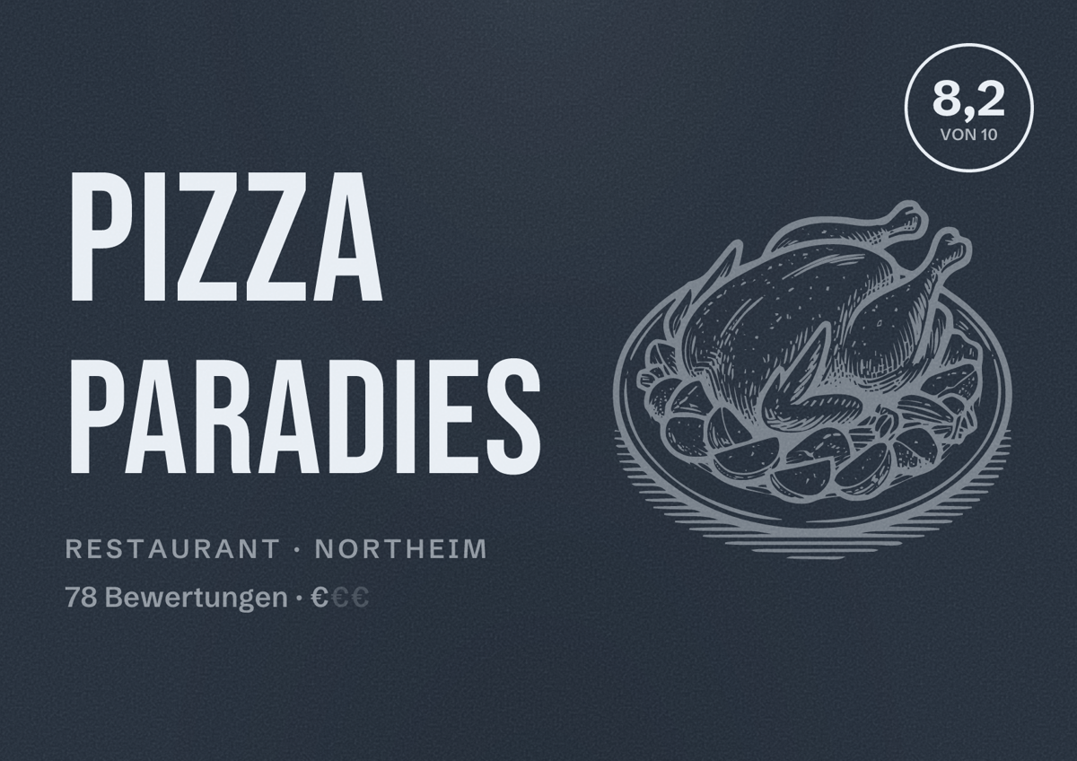 Illustriertes Poster von PIZZA Paradies, Restaurant in Northeim: Bewertung 8,2 von 10 aus 78 Bewertungen, Preisniveau €