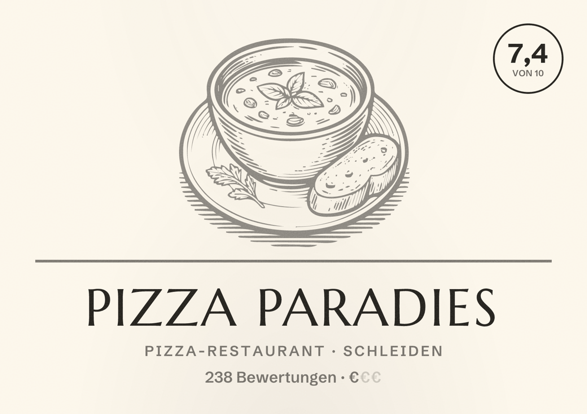 Illustriertes Poster von Pizza Paradies, Pizza-Restaurant in Schleiden: Bewertung 7,4 von 10 aus 238 Bewertungen, Preisniveau €