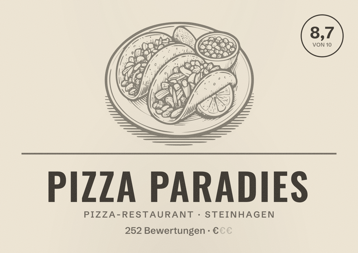 Illustriertes Poster von Pizza Paradies, Pizza-Restaurant in Steinhagen: Bewertung 8,7 von 10 aus 252 Bewertungen, Preisniveau €