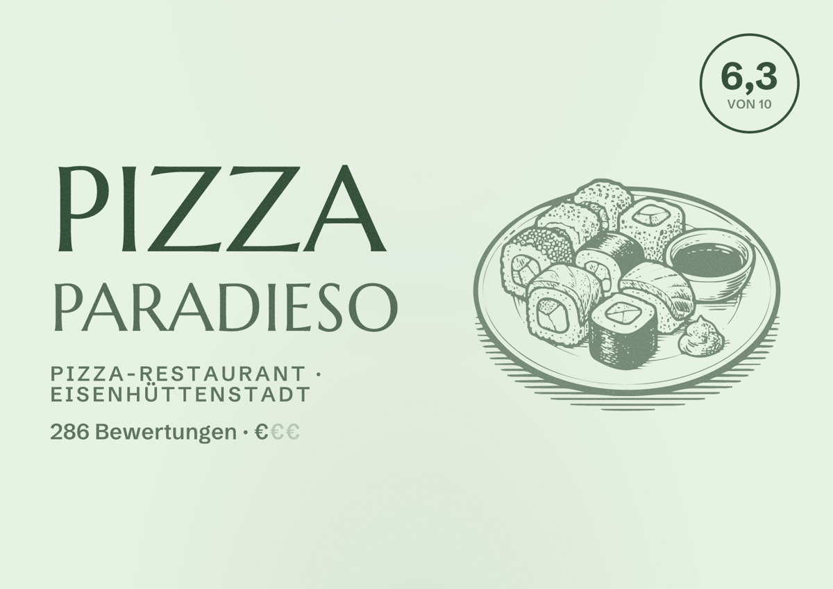 Illustriertes Poster von Pizza Paradieso, Pizza-Restaurant in Eisenhüttenstadt: Bewertung 6,3 von 10 aus 286 Bewertungen, Preisniveau €