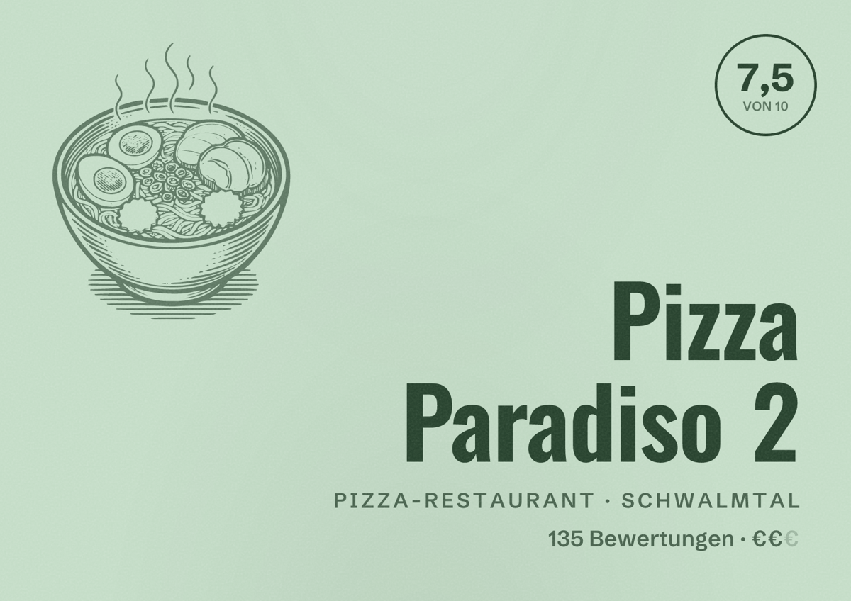 Illustriertes Poster von Pizza Paradiso 2, Pizza-Restaurant in Schwalmtal: Bewertung 7,5 von 10 aus 135 Bewertungen, Preisniveau €€