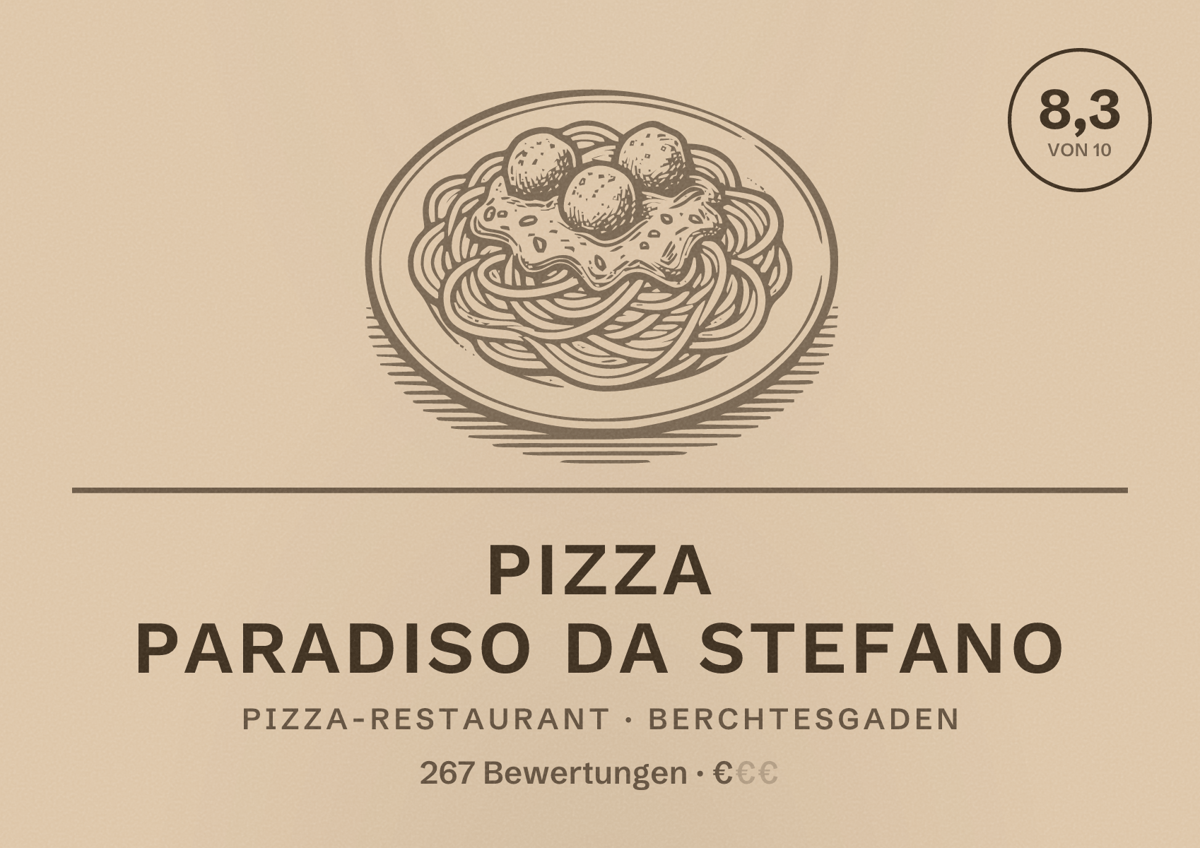 Illustriertes Poster von Pizza Paradiso Da Stefano, Pizza-Restaurant in Berchtesgaden: Bewertung 8,3 von 10 aus 267 Bewertungen, Preisniveau €