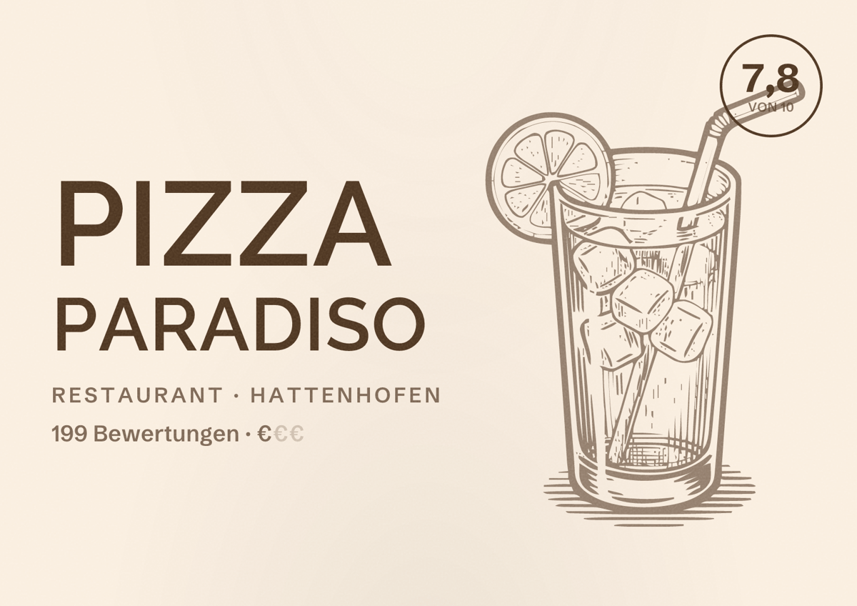 Illustriertes Poster von Pizza Paradiso, Restaurant in Hattenhofen: Bewertung 7,8 von 10 aus 199 Bewertungen, Preisniveau €