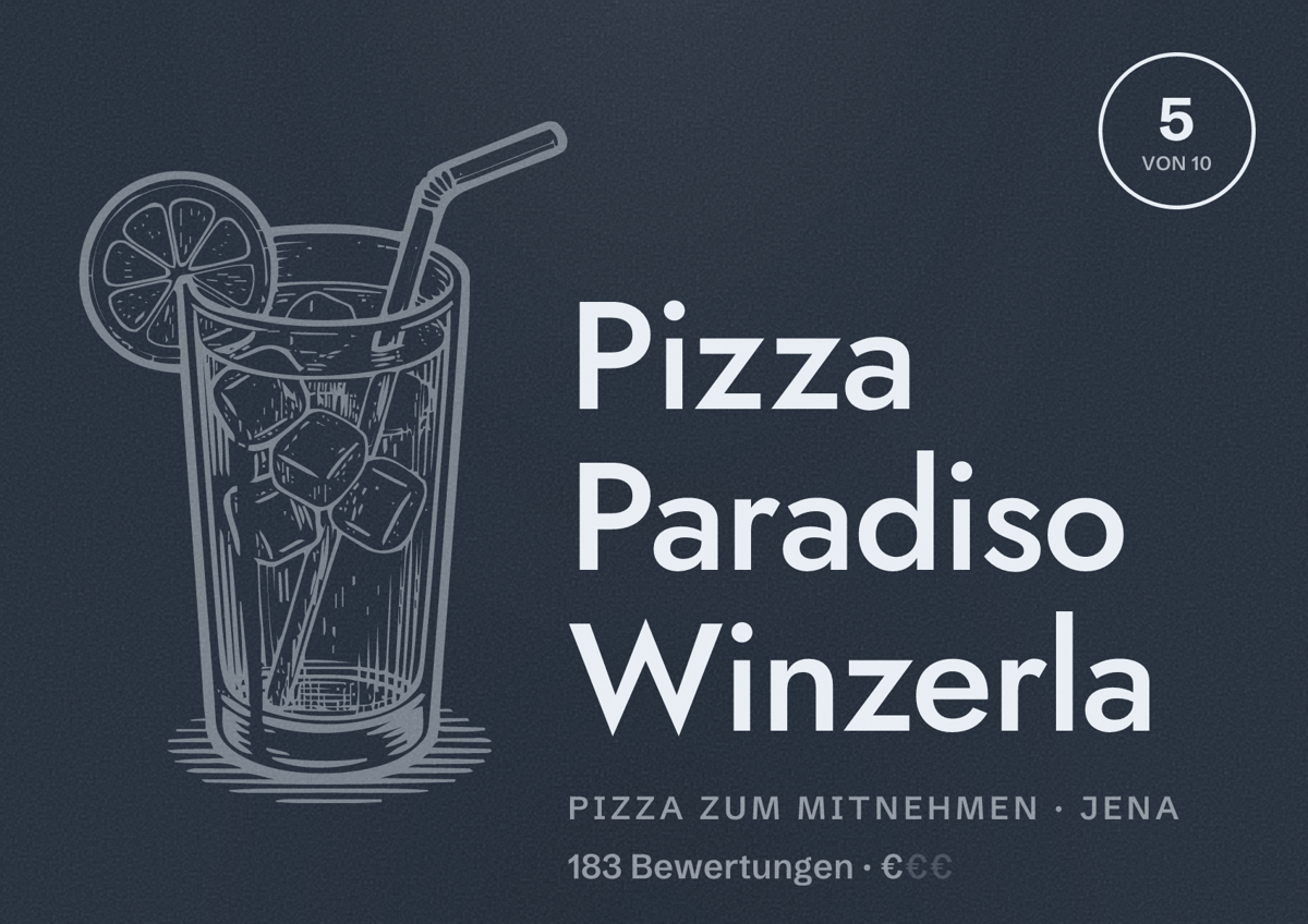 Illustriertes Poster von Pizza Paradiso Winzerla, Pizza zum Mitnehmen in Jena: Bewertung 5 von 10 aus 183 Bewertungen, Preisniveau €