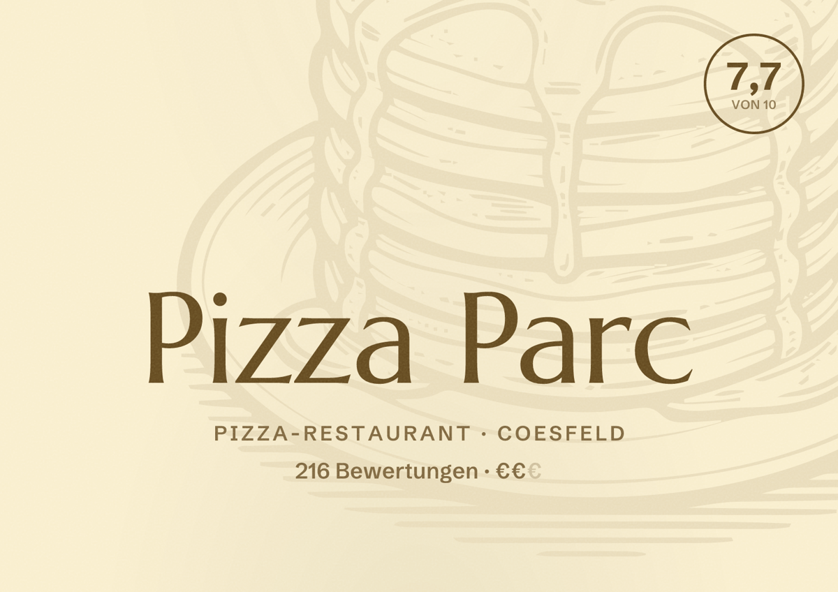 Illustriertes Poster von Pizza Parc, Pizza-Restaurant in Coesfeld: Bewertung 7,7 von 10 aus 216 Bewertungen, Preisniveau €€