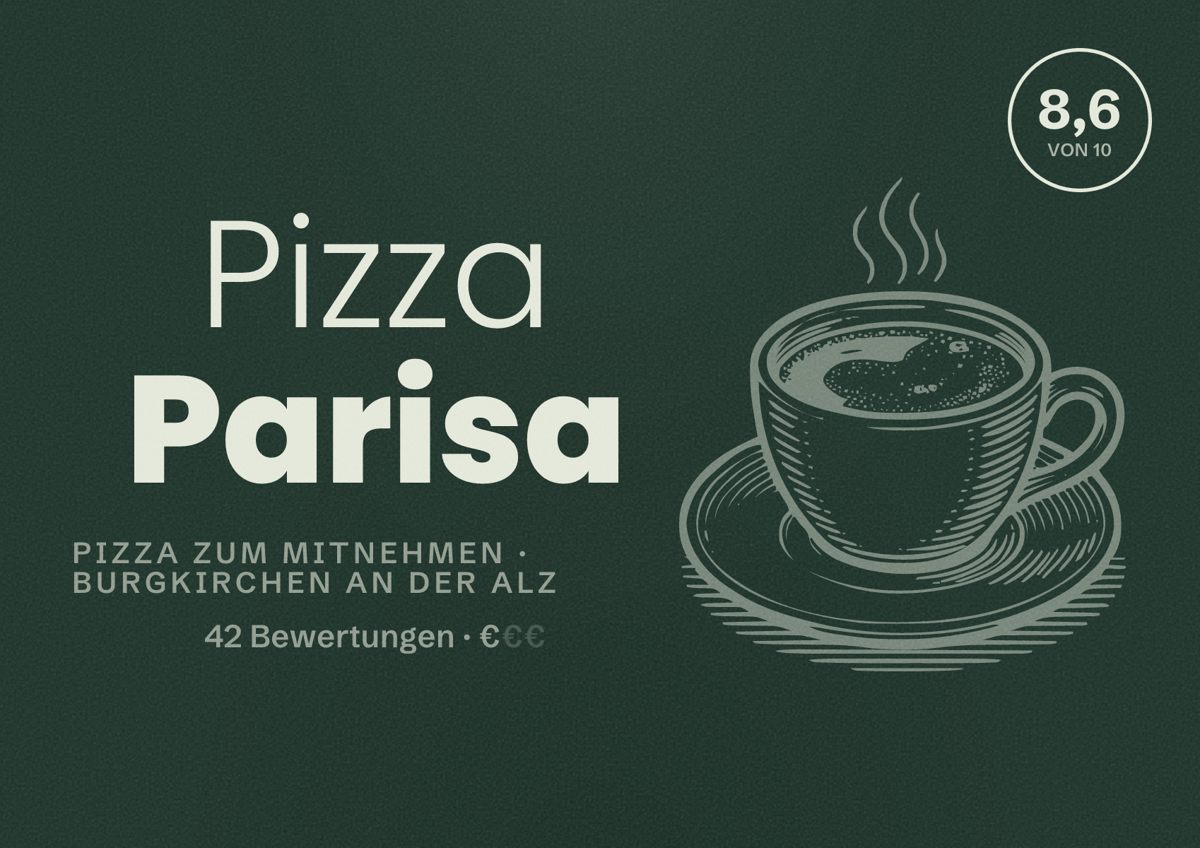 Illustriertes Poster von Pizza Parisa, Pizza zum Mitnehmen in Burgkirchen an der Alz: Bewertung 8,6 von 10 aus 42 Bewertungen, Preisniveau €