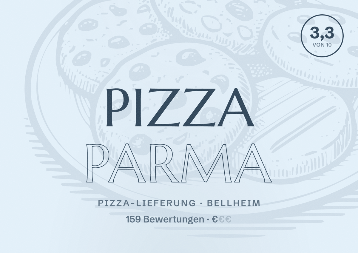 Illustriertes Poster von Pizza Parma, Pizza-Lieferung in Bellheim: Bewertung 3,3 von 10 aus 159 Bewertungen, Preisniveau €