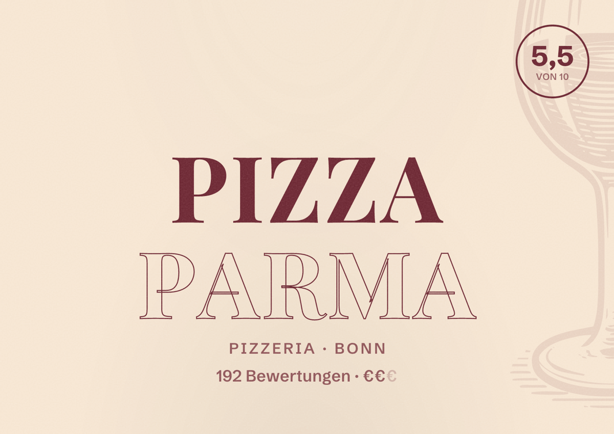 Illustriertes Poster von Pizza Parma, Pizzeria in Bonn: Bewertung 5,5 von 10 aus 192 Bewertungen, Preisniveau €€