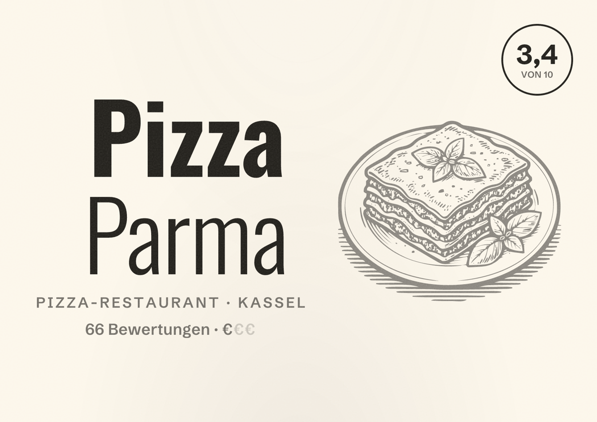 Illustriertes Poster von Pizza Parma, Pizza-Restaurant in Kassel: Bewertung 3,4 von 10 aus 66 Bewertungen, Preisniveau €