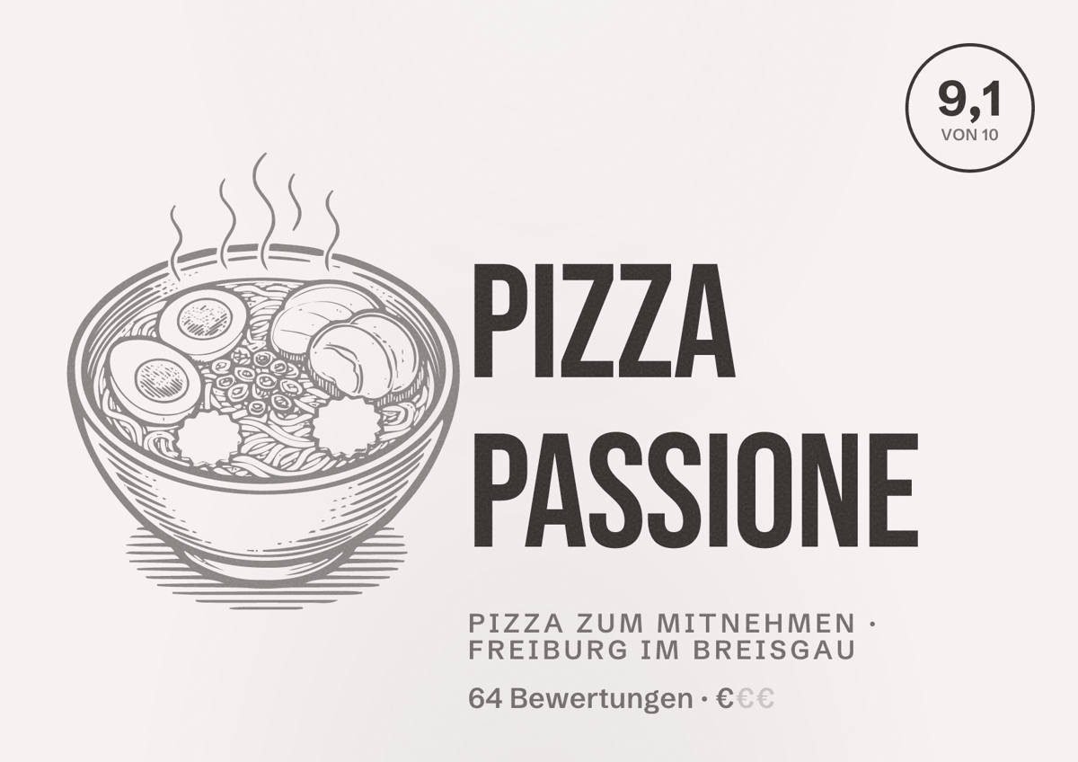 Illustriertes Poster von Pizza Passione, Pizza zum Mitnehmen in Freiburg im Breisgau: Bewertung 9,1 von 10 aus 64 Bewertungen, Preisniveau €