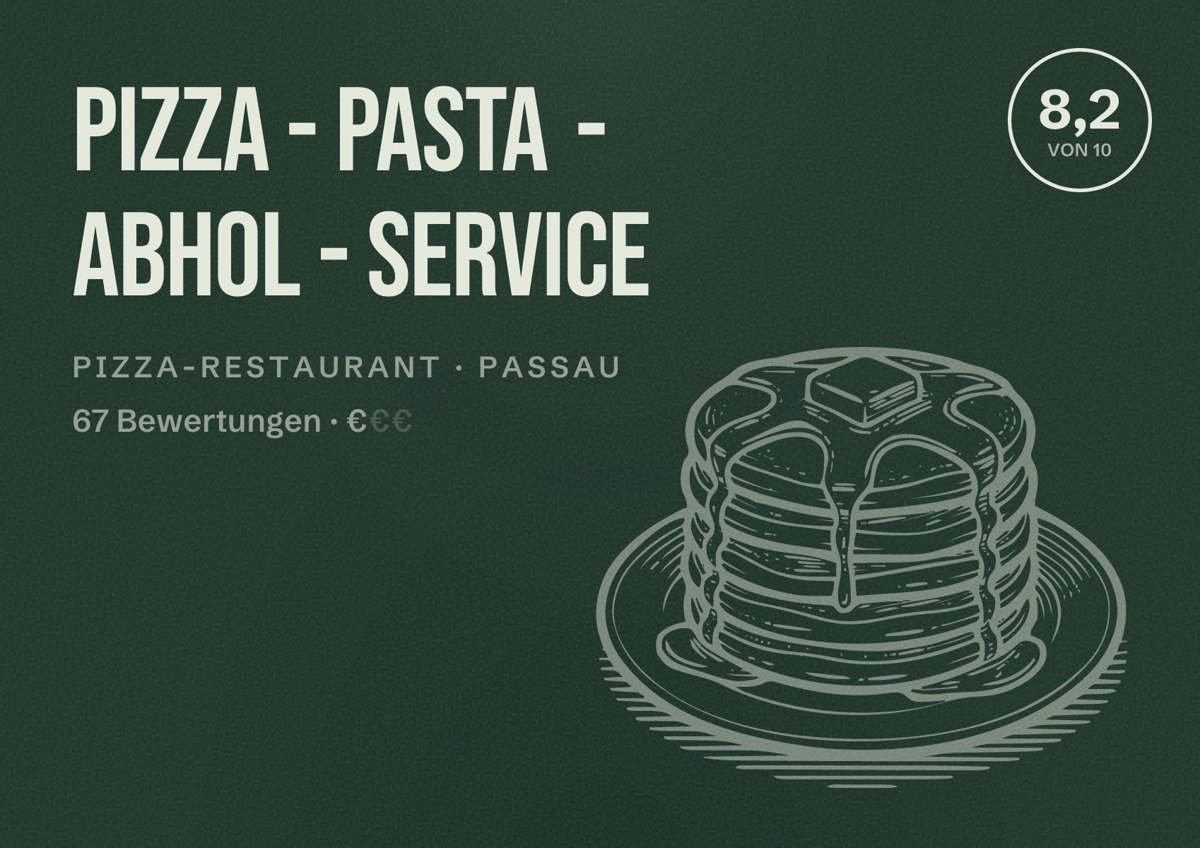 Illustriertes Poster von Pizza - Pasta - Abhol - Service, Pizza-Restaurant in Passau: Bewertung 8,2 von 10 aus 67 Bewertungen, Preisniveau €