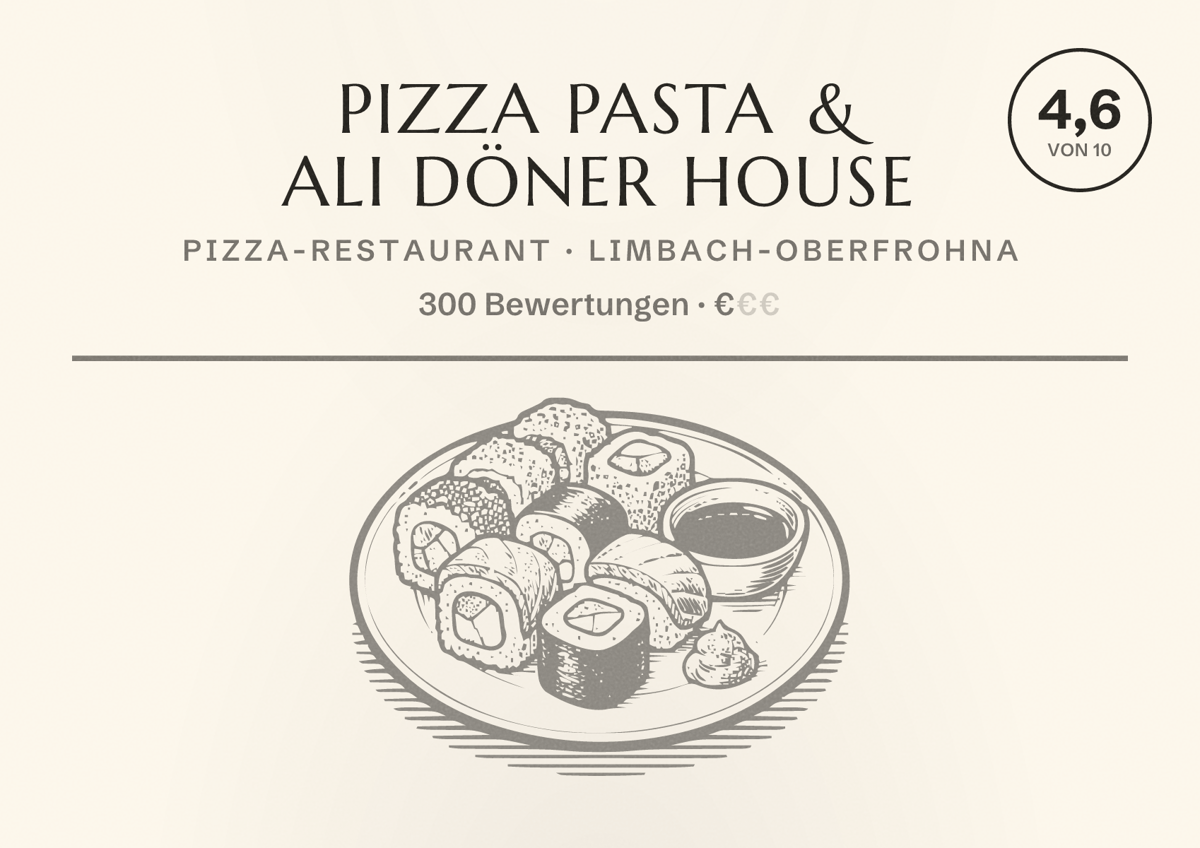 Illustriertes Poster von Pizza Pasta & Ali Döner House, Pizza-Restaurant in Limbach-Oberfrohna: Bewertung 4,6 von 10 aus 300 Bewertungen, Preisniveau €