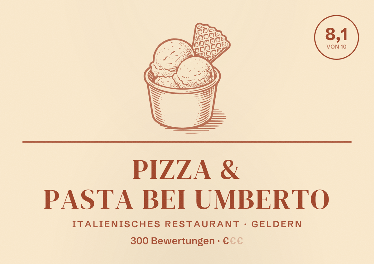 Illustriertes Poster von Pizza & Pasta bei Umberto, Italienisches Restaurant in Geldern: Bewertung 8,1 von 10 aus 300 Bewertungen, Preisniveau €