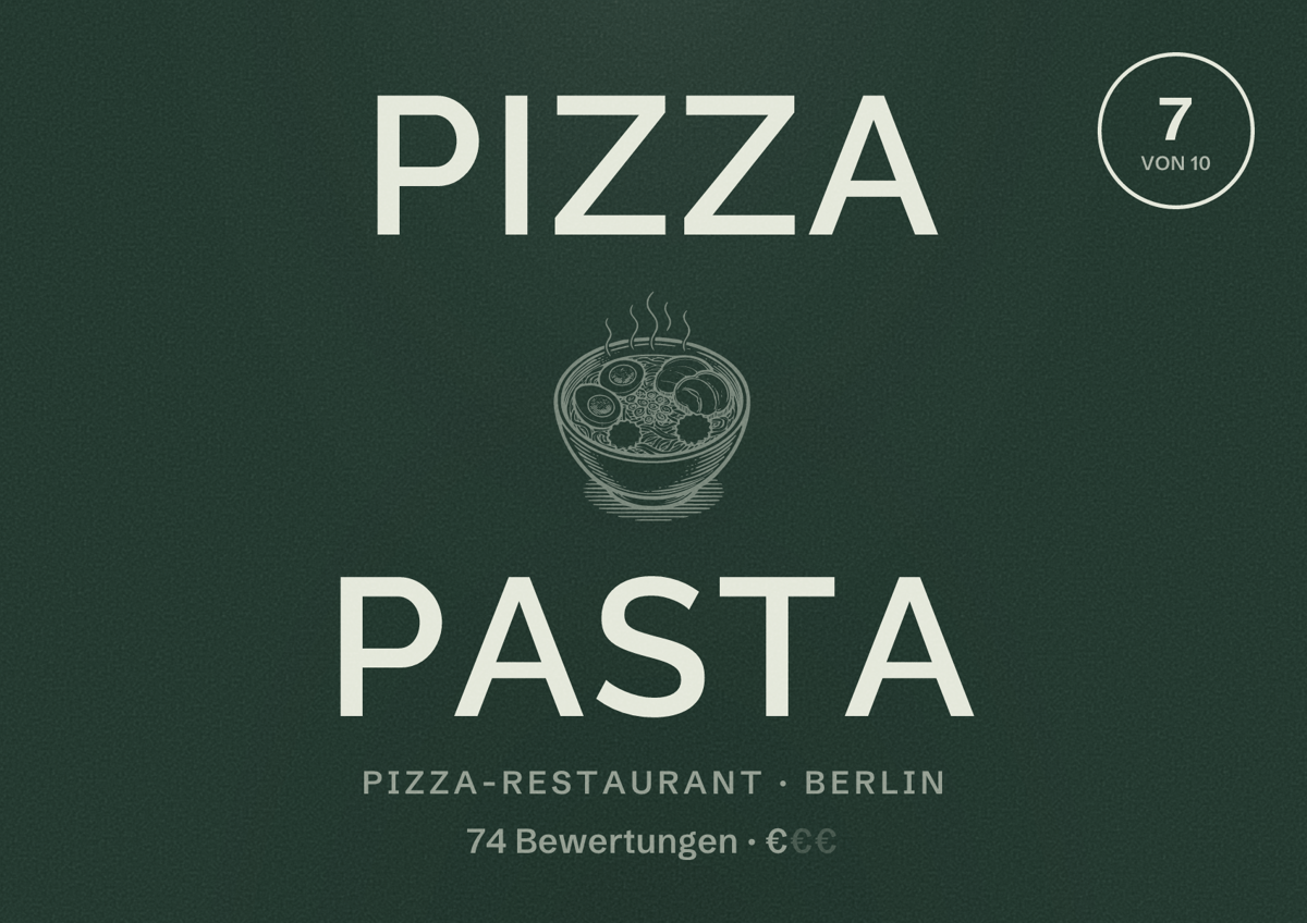 Illustriertes Poster von Pizza Pasta, Pizza-Restaurant in Berlin: Bewertung 7,0 von 10 aus 74 Bewertungen, Preisniveau €