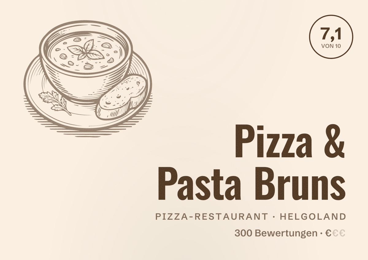 Illustriertes Poster von Pizza & Pasta Bruns, Pizza-Restaurant in Helgoland: Bewertung 7,1 von 10 aus 300 Bewertungen, Preisniveau €