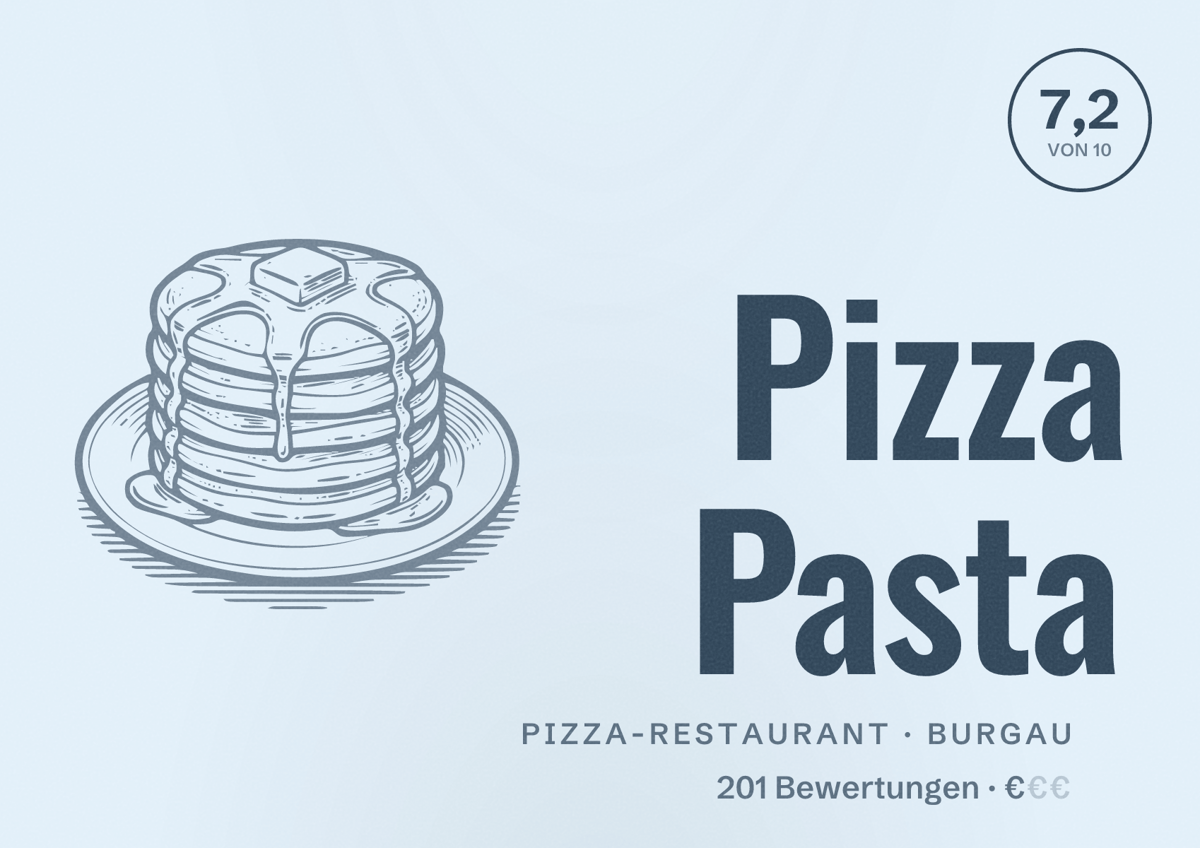 Illustriertes Poster von Pizza Pasta, Pizza-Restaurant in Burgau: Bewertung 7,2 von 10 aus 201 Bewertungen, Preisniveau €