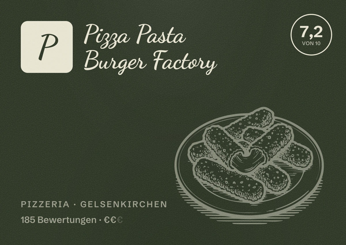 Illustriertes Poster von Pizza Pasta Burger Factory, Pizzeria in Gelsenkirchen: Bewertung 7,2 von 10 aus 185 Bewertungen, Preisniveau €€