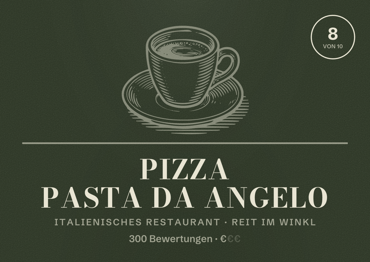 Illustriertes Poster von Pizza Pasta da Angelo, Italienisches Restaurant in Reit im Winkl: Bewertung 8 von 10 aus 300 Bewertungen, Preisniveau €
