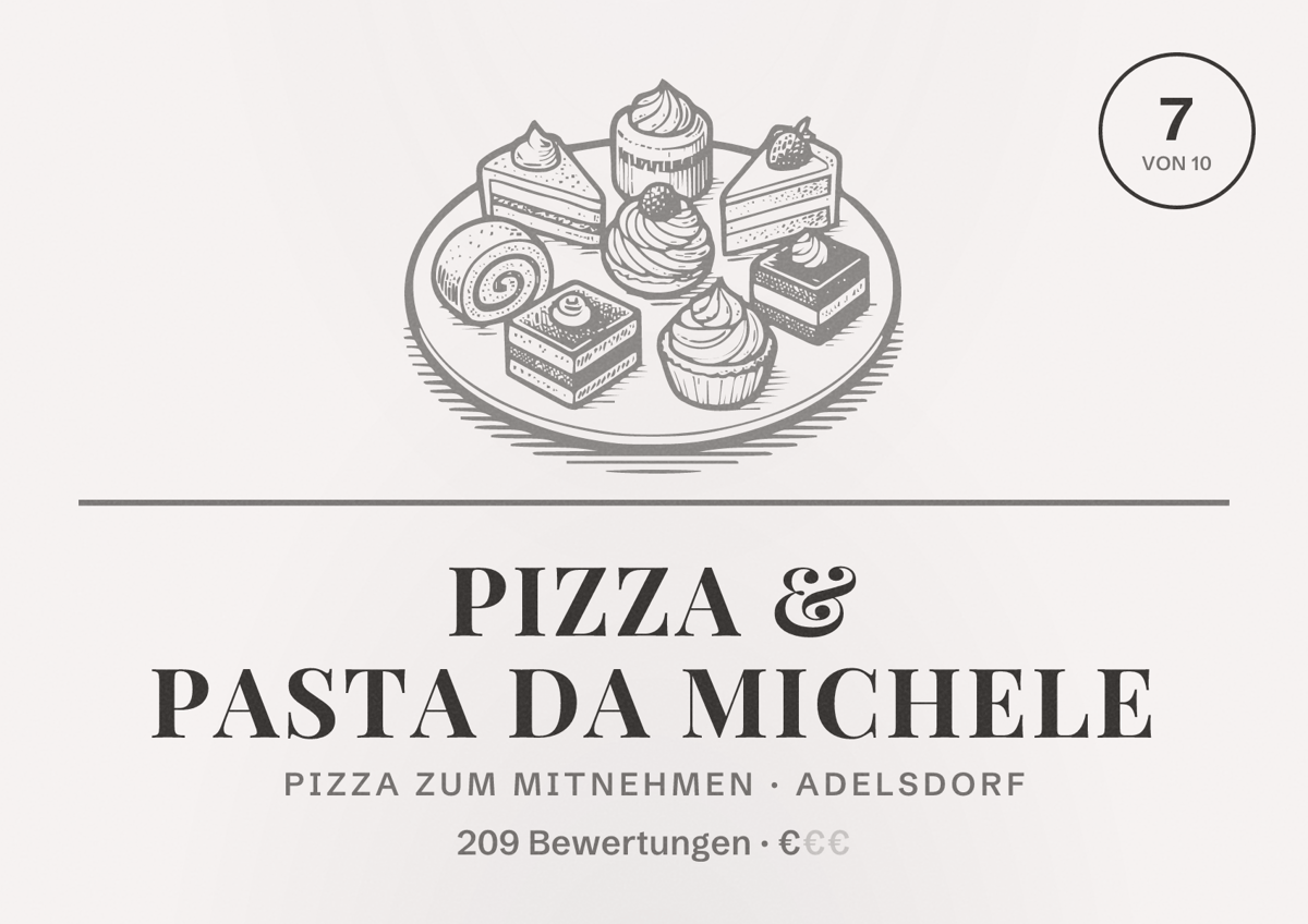 Illustriertes Poster von Pizza & Pasta Da Michele, Pizza zum Mitnehmen in Adelsdorf: Bewertung 7 von 10 aus 209 Bewertungen, Preisniveau €